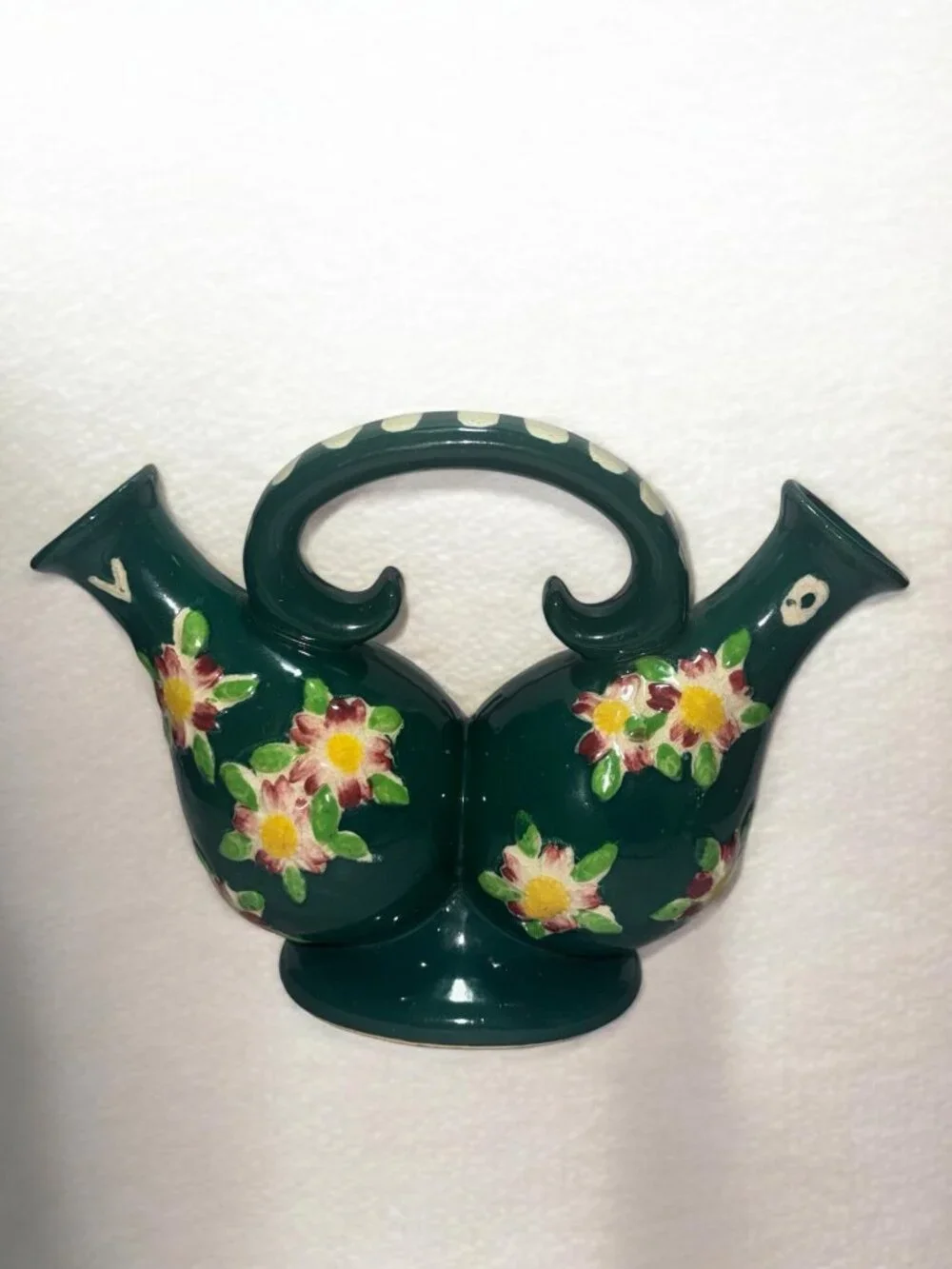 Hand-Painted Ceramic Double-Spout Oil & Vinegar Cruet With Floral Design